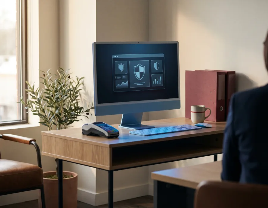 Bureau avec écran de sécurité informatique
