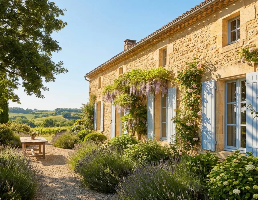 Maison périgourdine aux volets mi-clos pendant une journée de canicule en Dordogne