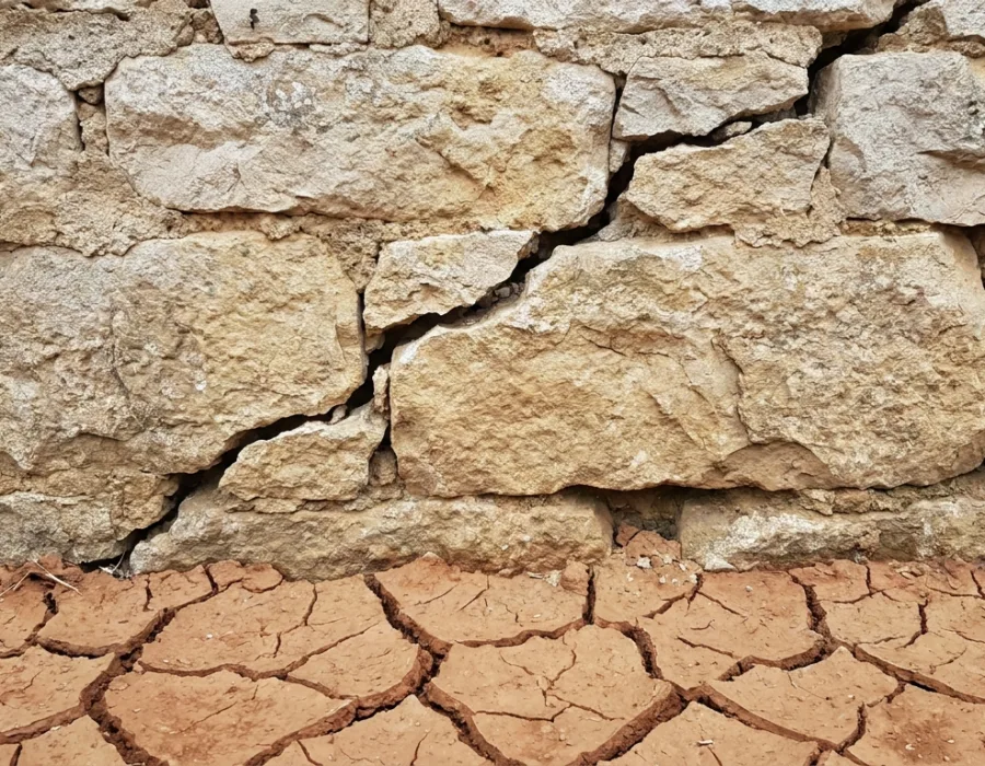 Fissure sur le mur d'une maison en pierre provoquée par le retrait-gonflement des argiles en Dordogne