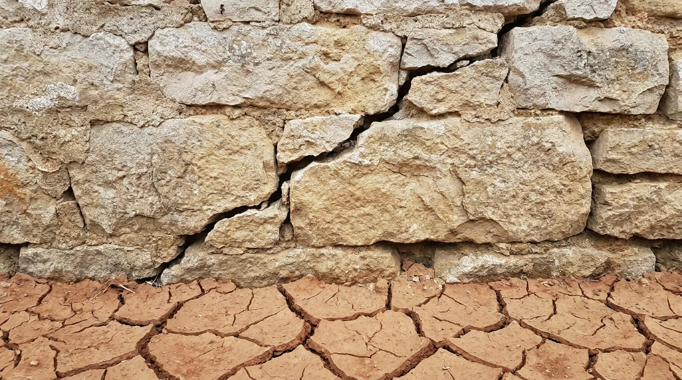 Fissure sur le mur d'une maison en pierre provoquée par le retrait-gonflement des argiles en Dordogne
