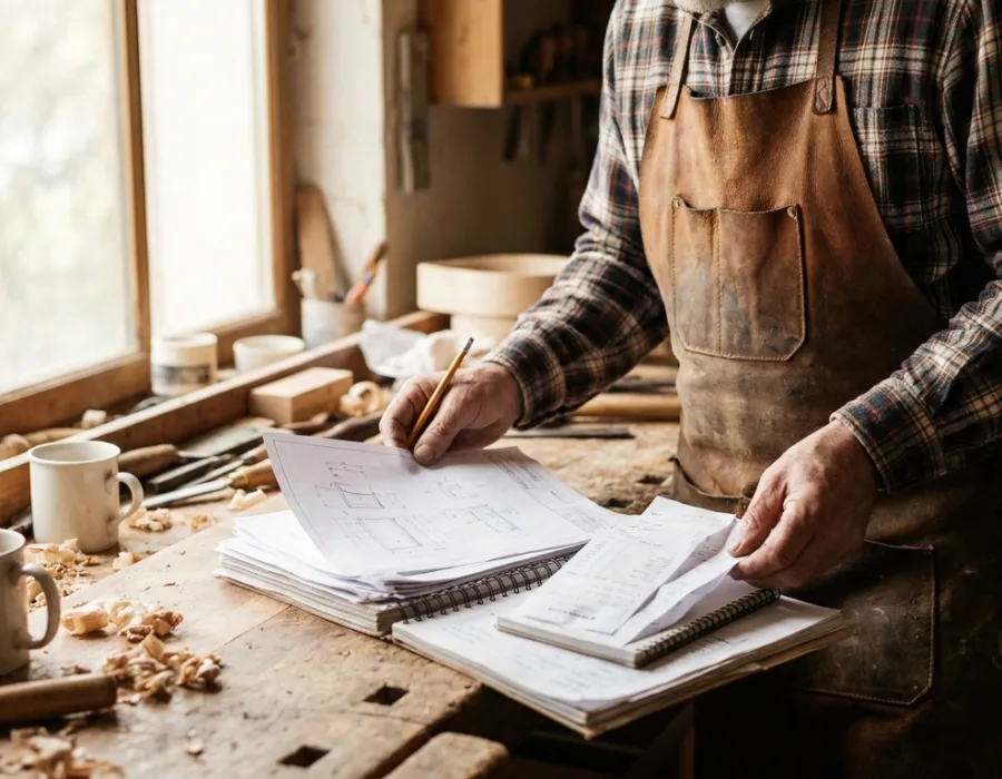 Artisan indépendant consultant ses documents de prévoyance et de retraite dans son atelier