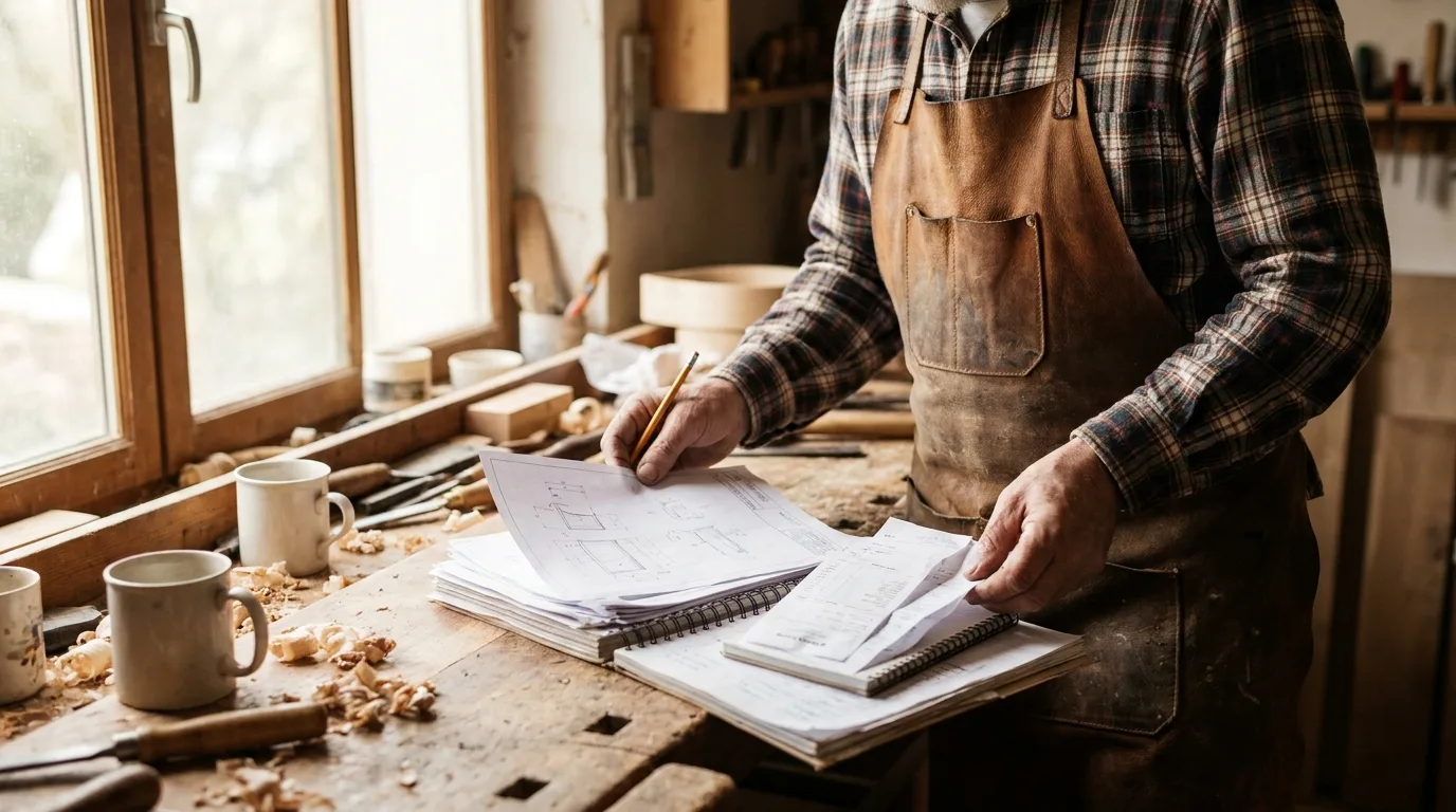 Artisan indépendant consultant ses documents de prévoyance et de retraite dans son atelier
