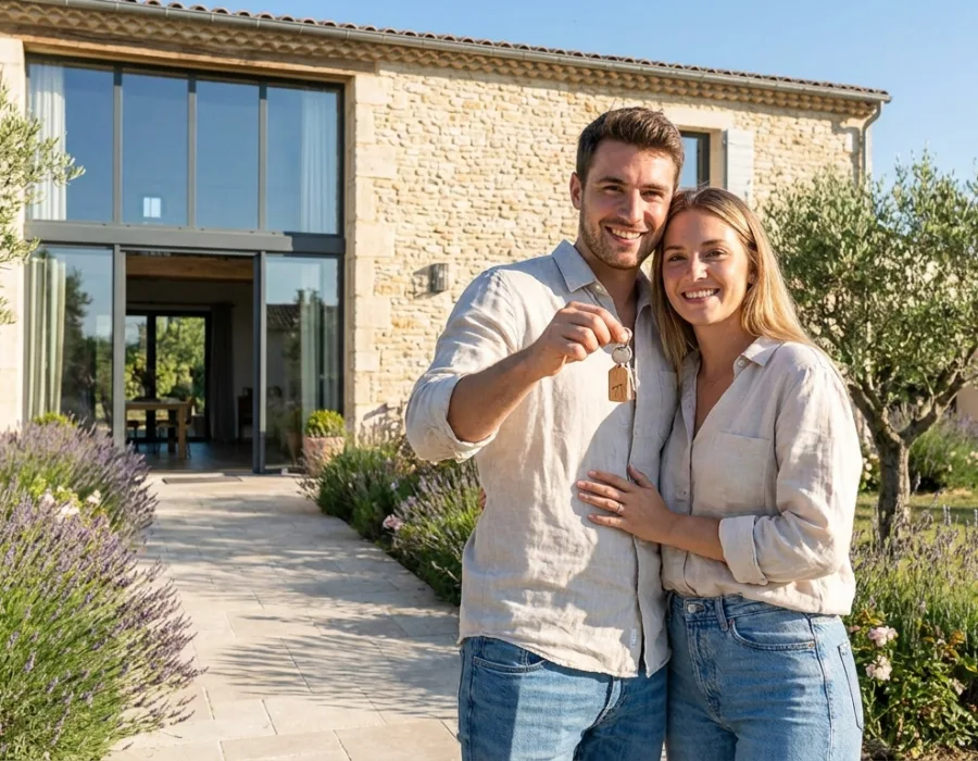 Jeune couple tenant les clés de sa nouvelle maison après un achat immobilier