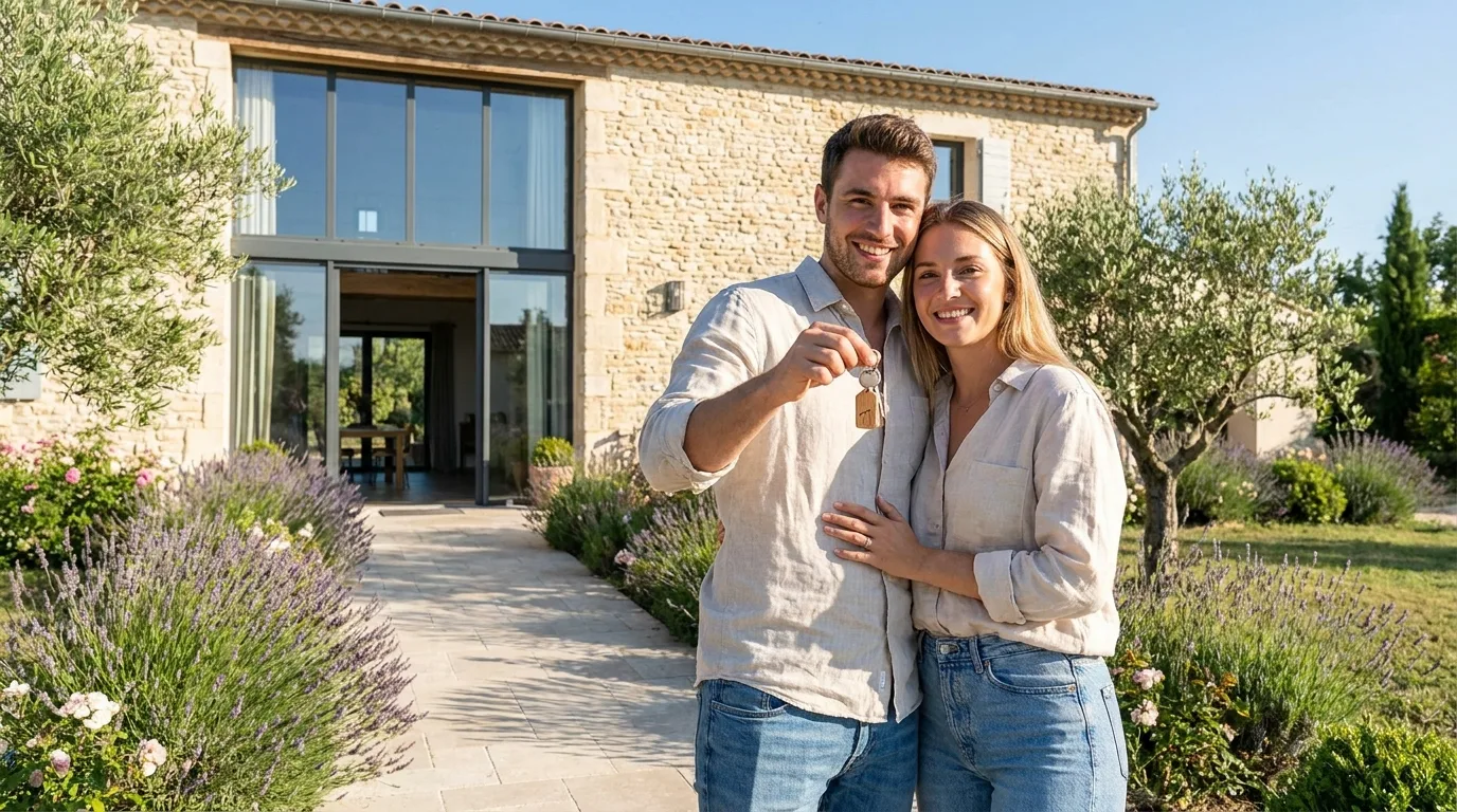 Jeune couple tenant les clés de sa nouvelle maison après un achat immobilier