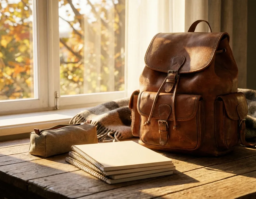 Cartable en cuir et fournitures scolaires posés près d'une fenêtre pour la rentrée