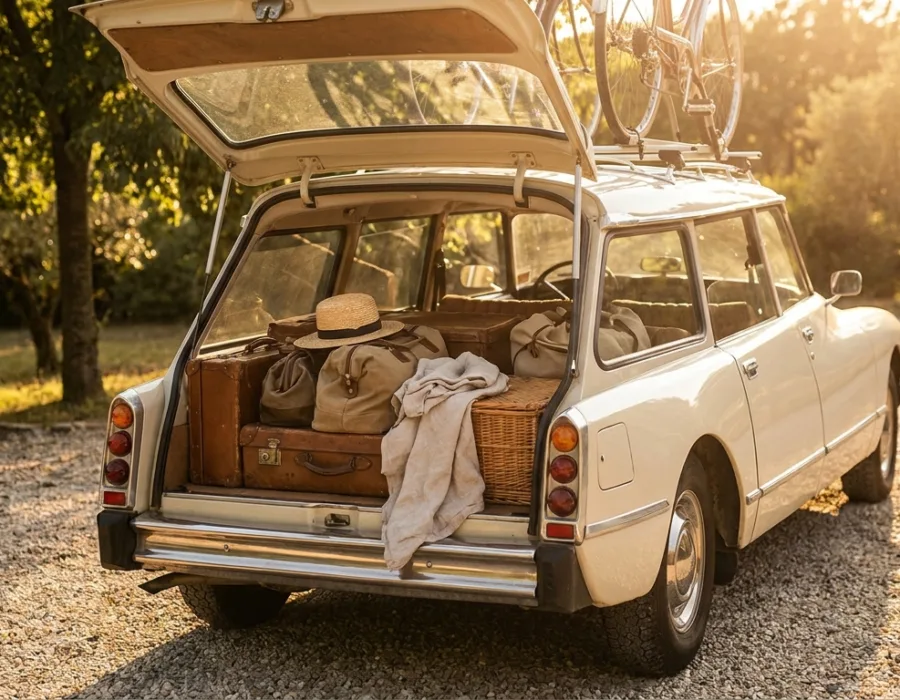 Coffre de voiture chargé de bagages pour un départ en vacances d'été