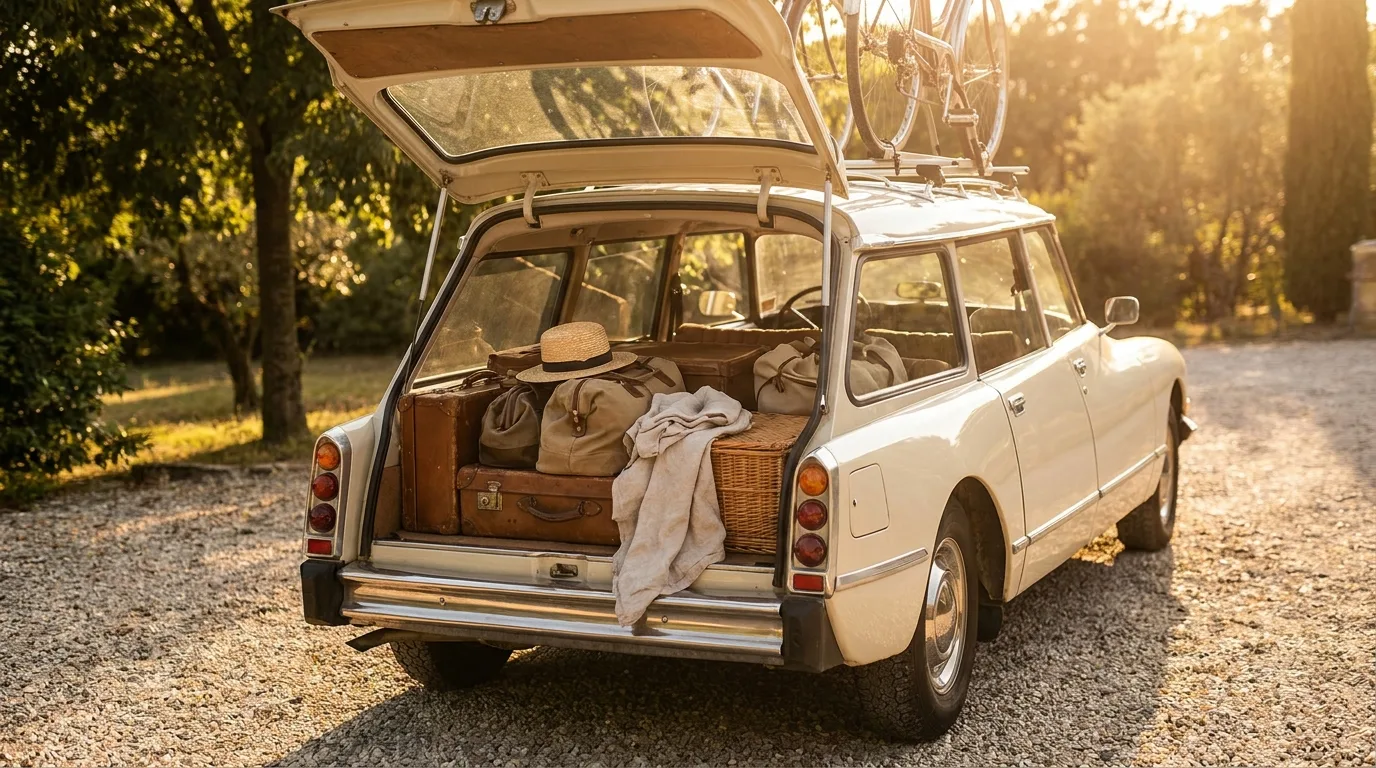 Coffre de voiture chargé de bagages pour un départ en vacances d'été